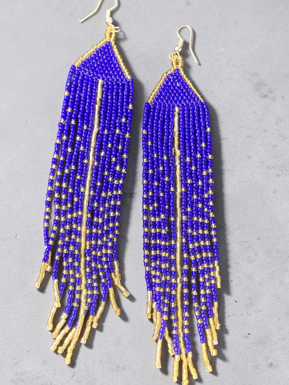 Handmade 6” Royal Blue and Gold Beaded Fringe Earrings - Women Jewelry